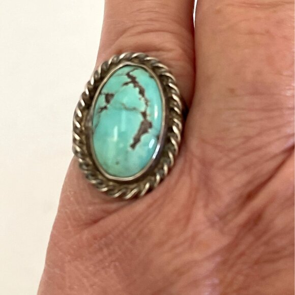 Navajo Silver Turquoise Oval Ring Twisted Rope Native American Size 7 Vintage - Picture 8 of 8